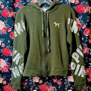 Victoria's Secret PINK olive green bling sequin Hoodie